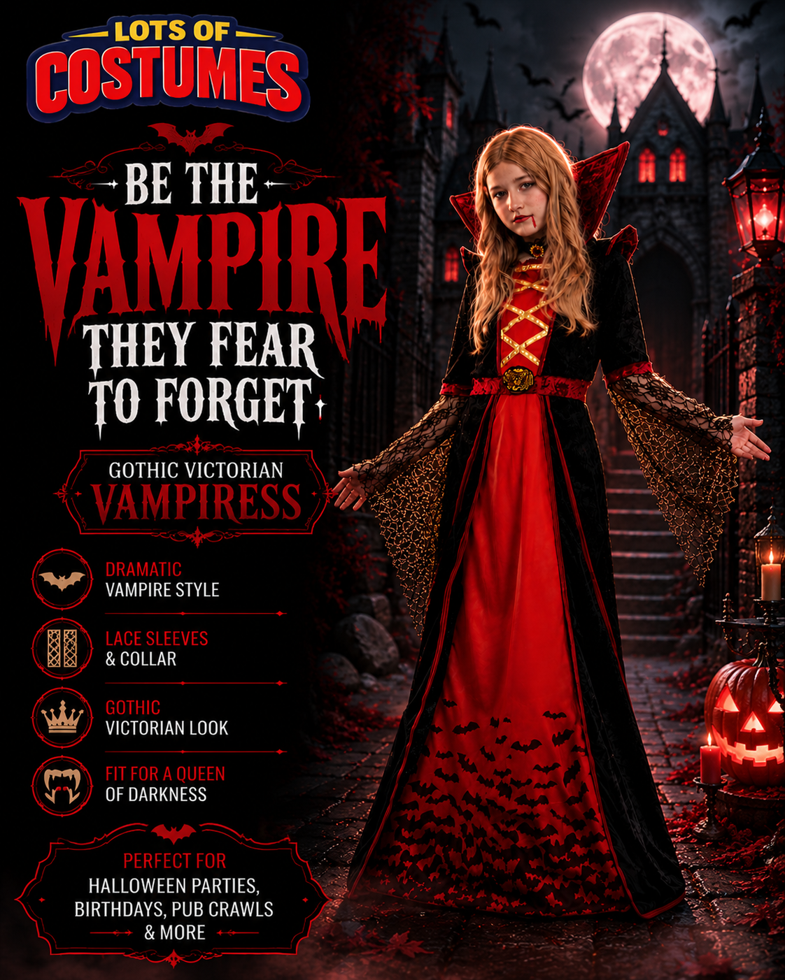 Kids gothic vampiress costume size guide