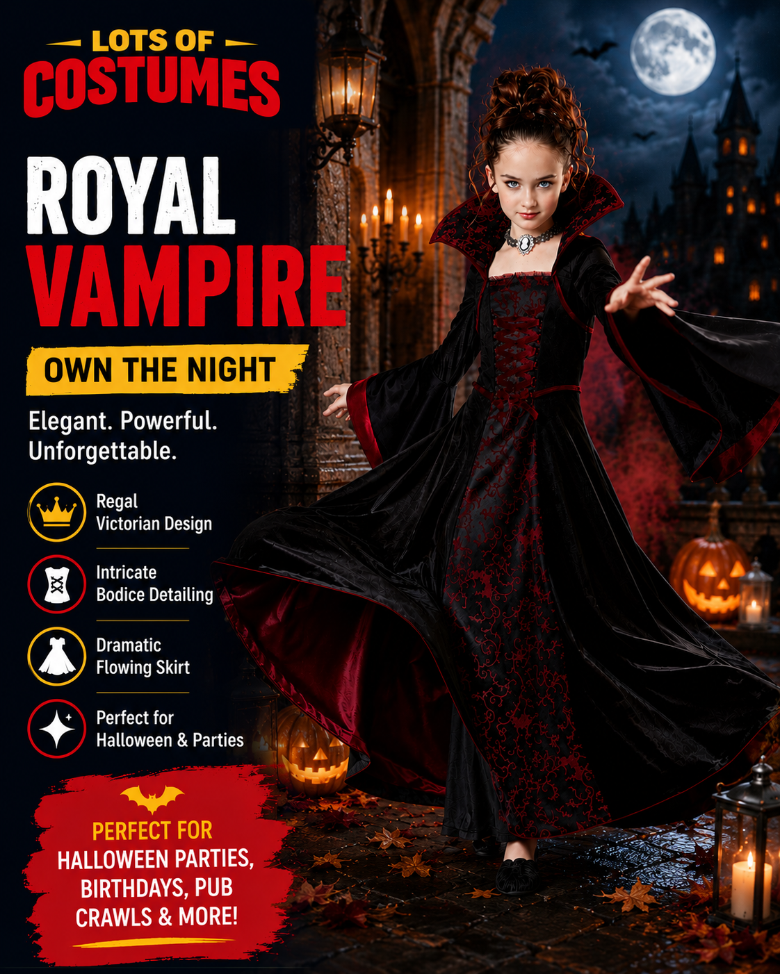 Kids royal vampire costume size guide