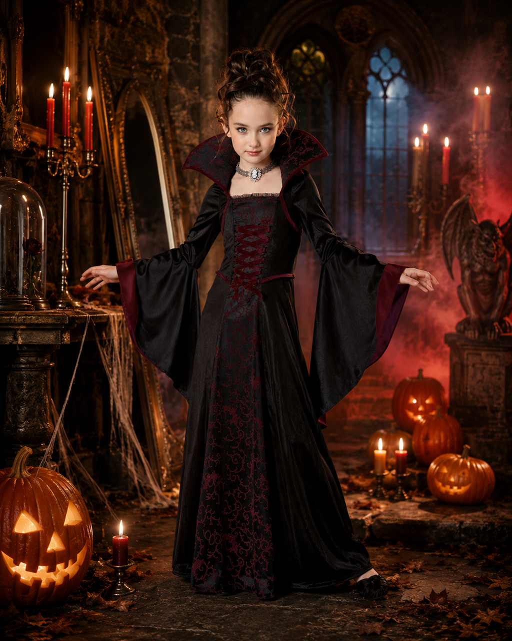 Kids wine red vampire costume detail