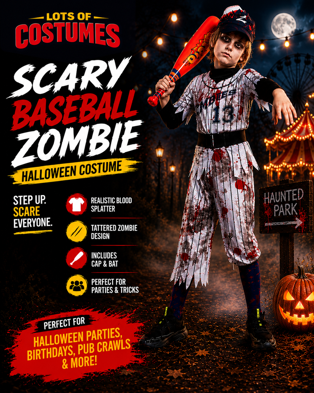 Kids zombie baseball costume size guide