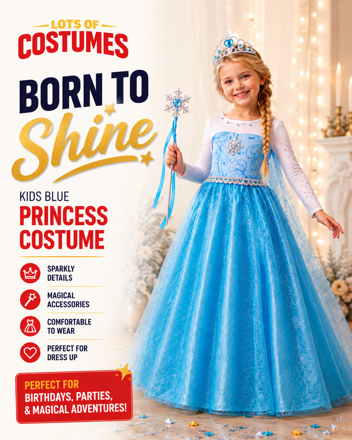 Kids blue princess costume size guide