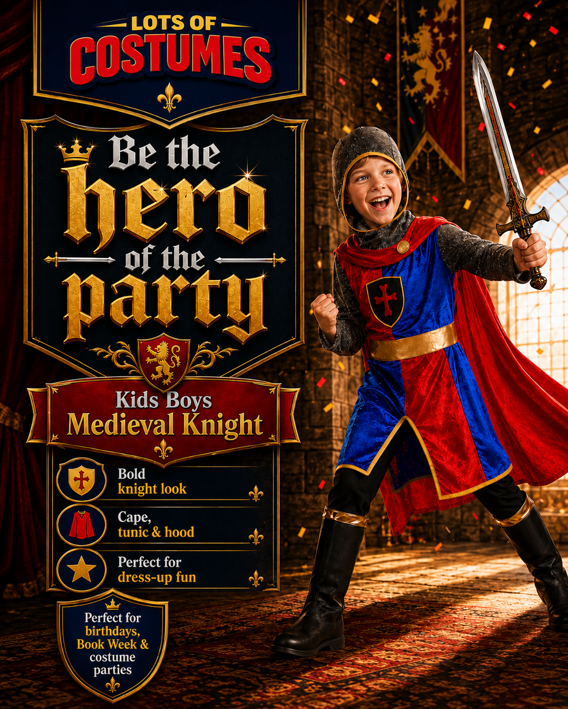 Kids Medieval Knight Costume - Red & Blue