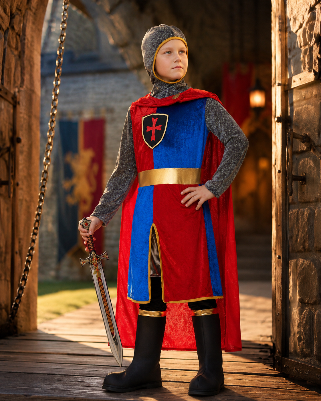Kids red and blue medieval knight costume