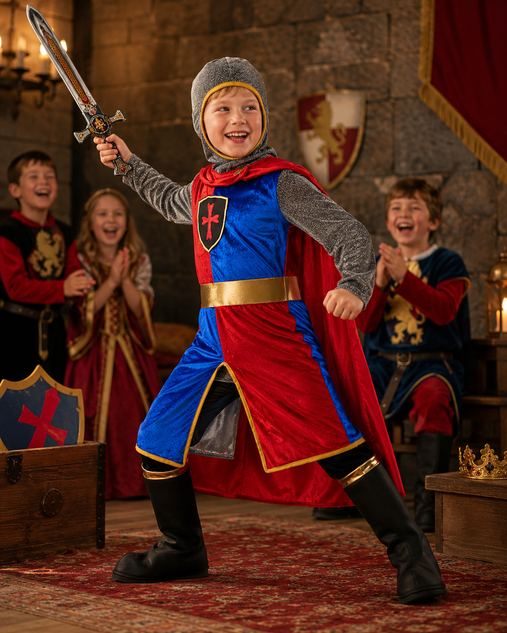 Red and blue knight costume with cape and headgear