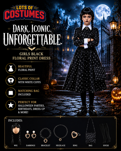 Kids black floral dress costume size guide