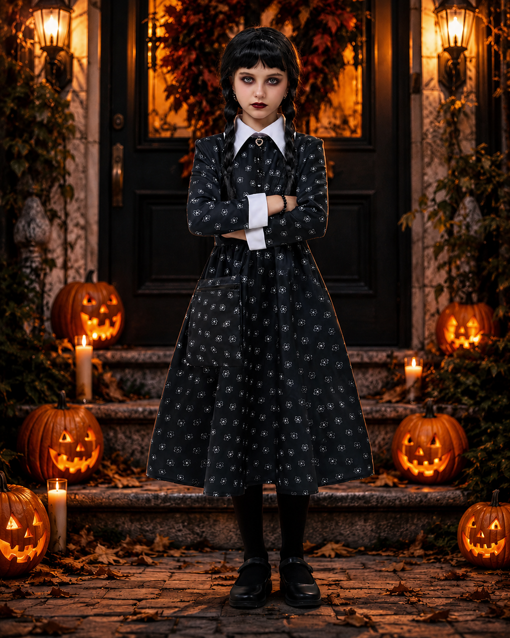 Kids black floral dress costume with wig