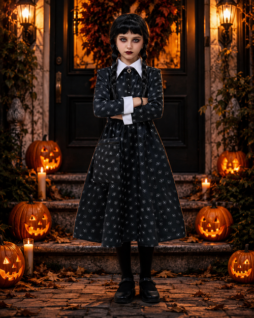 Kids black floral dress costume with wig