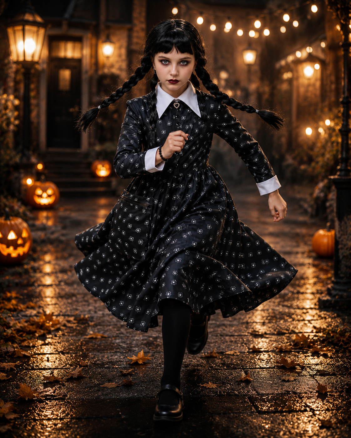Kids black floral dress costume front view