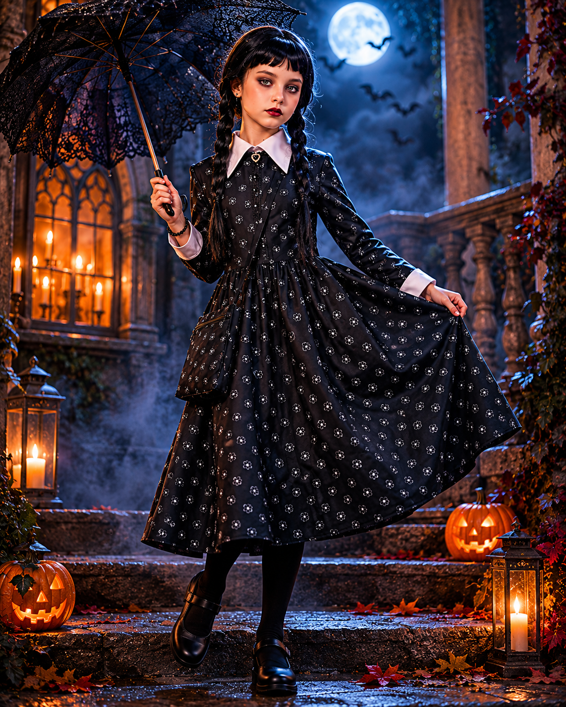 Kids black floral costume dress detail