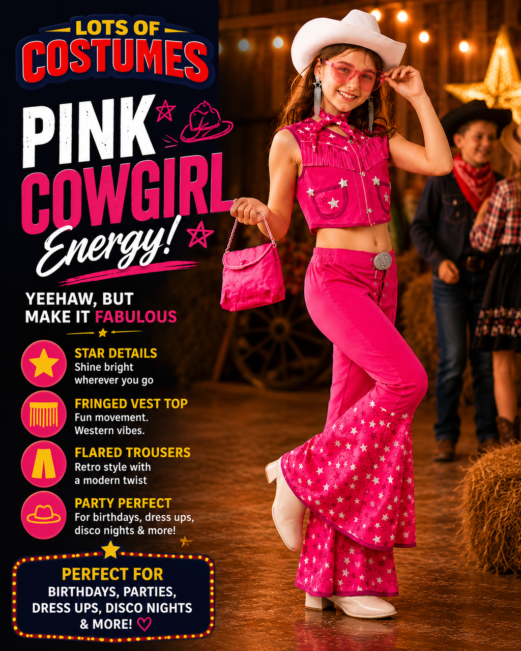 Kids pink disco cowgirl costume size guide