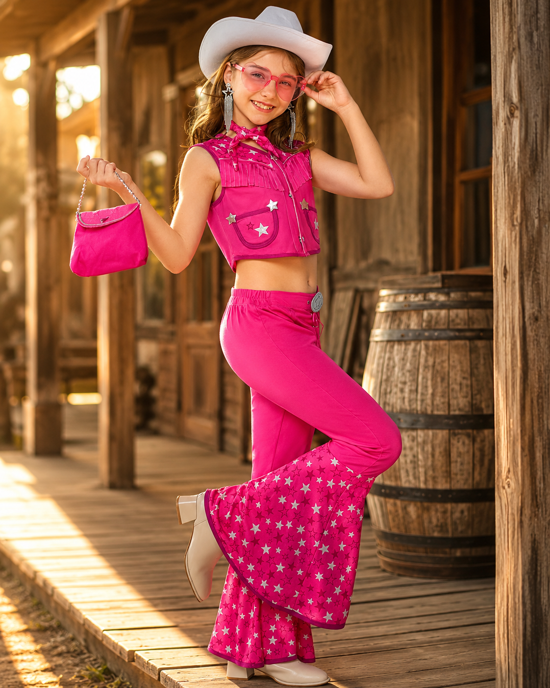 Kids pink disco cowgirl costume set