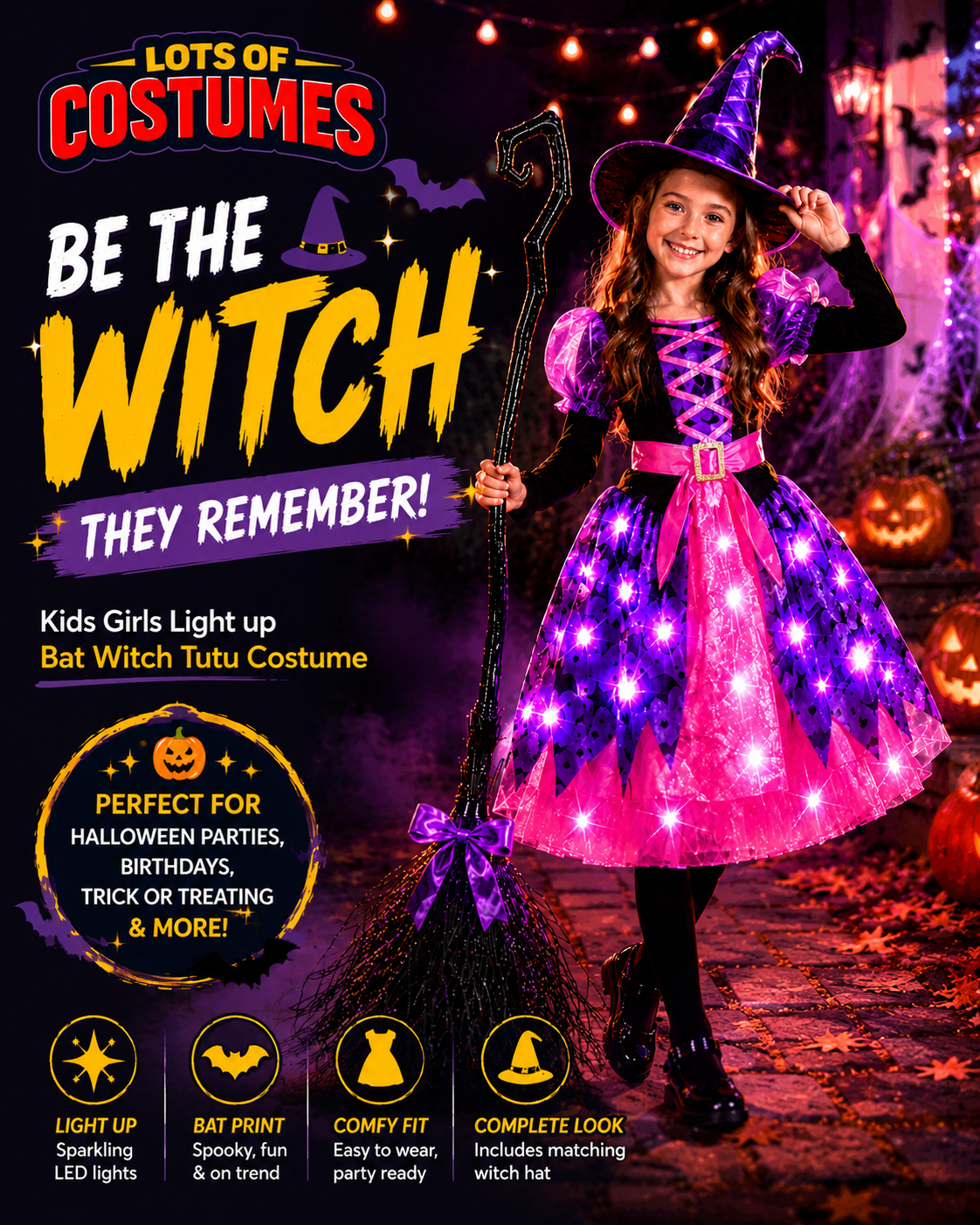 Kids light-up bat witch tutu costume size guide