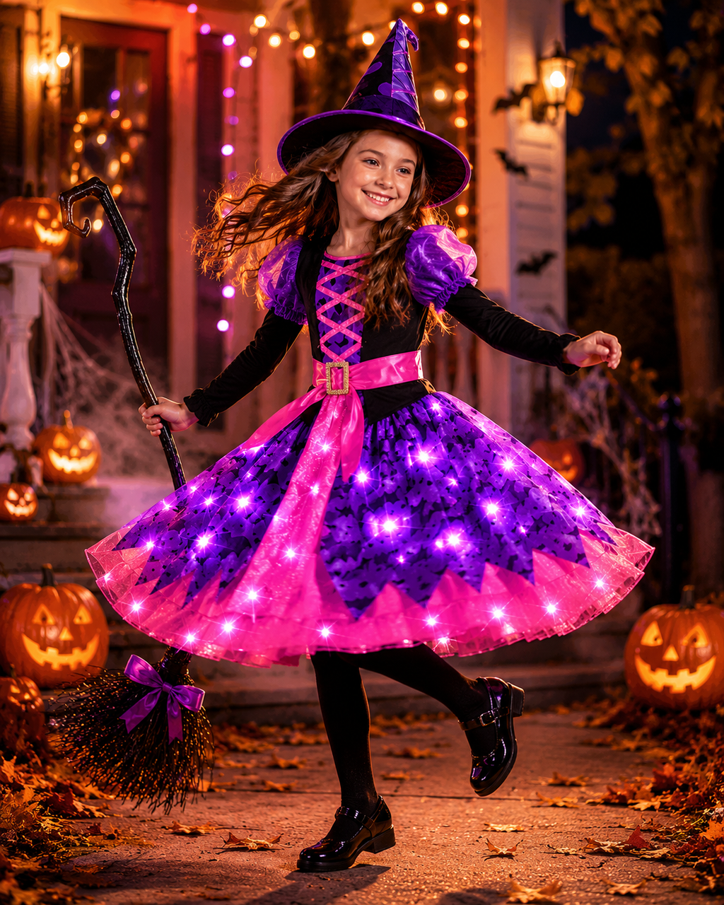 Kids light-up bat witch costume with hat and broom