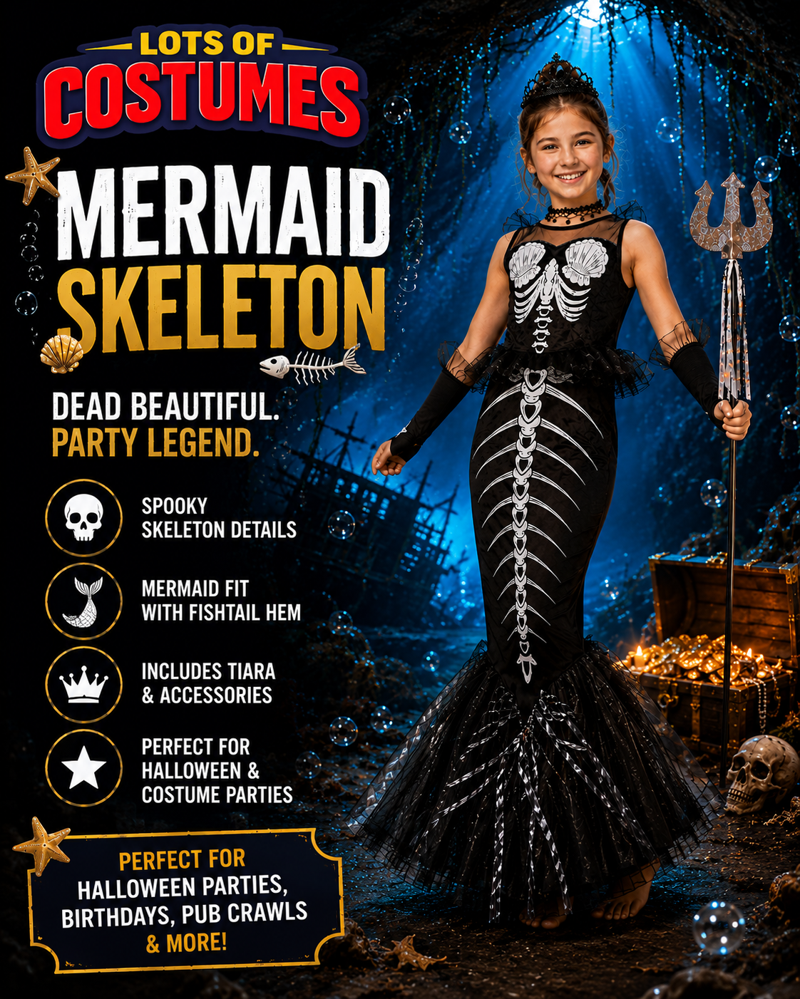 Kids skeleton mermaid costume size guide