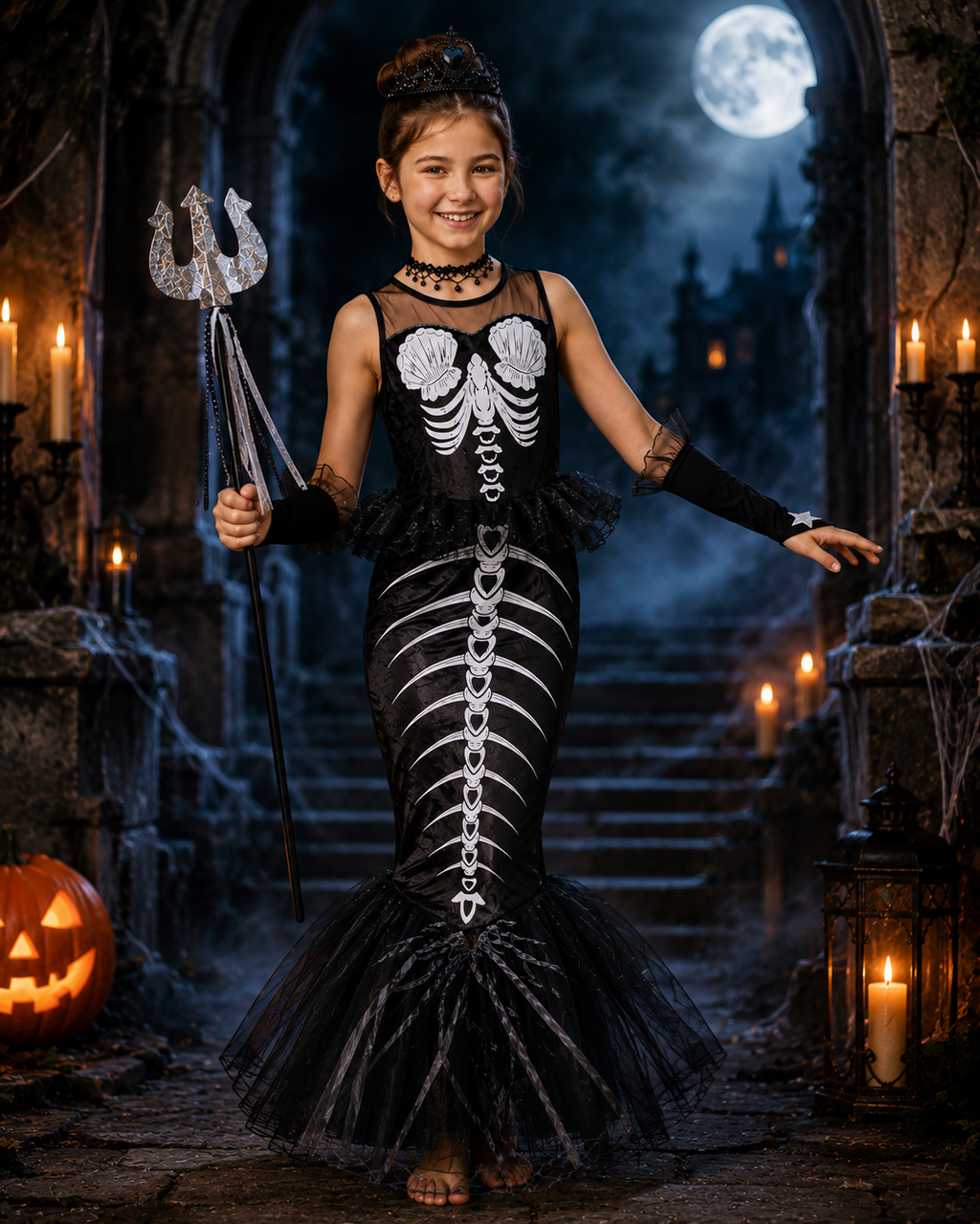 Kids skeleton mermaid costume detail