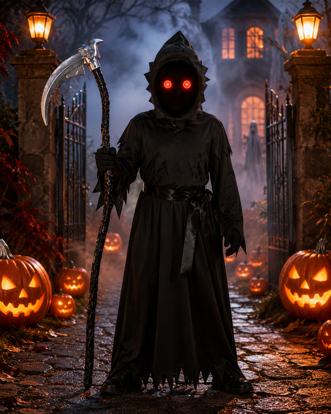 Kids grim reaper costume with glowing red eyes