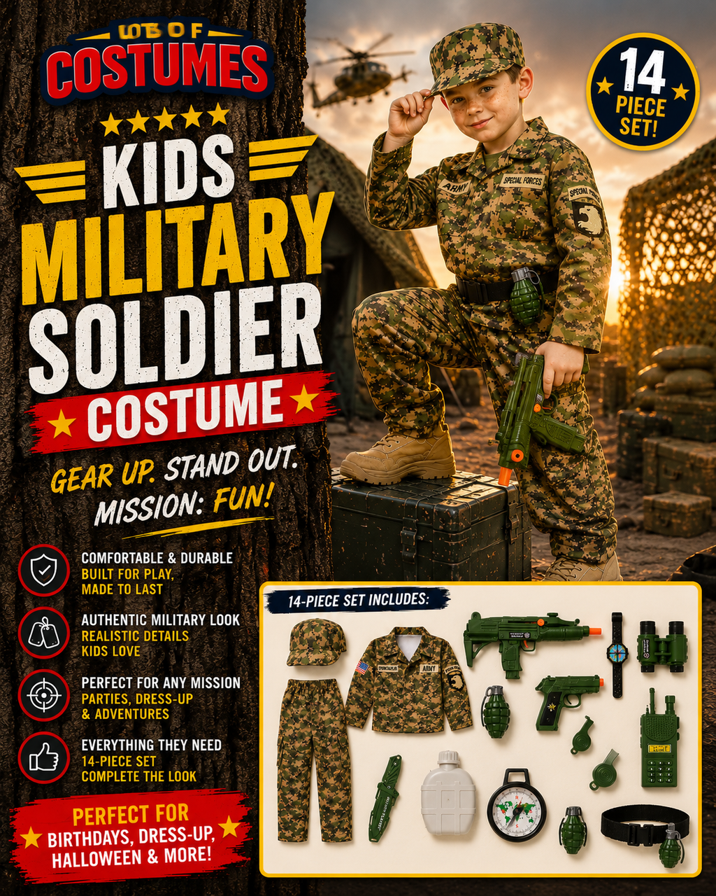 Kids Military Soldier Costume Set with Accessories