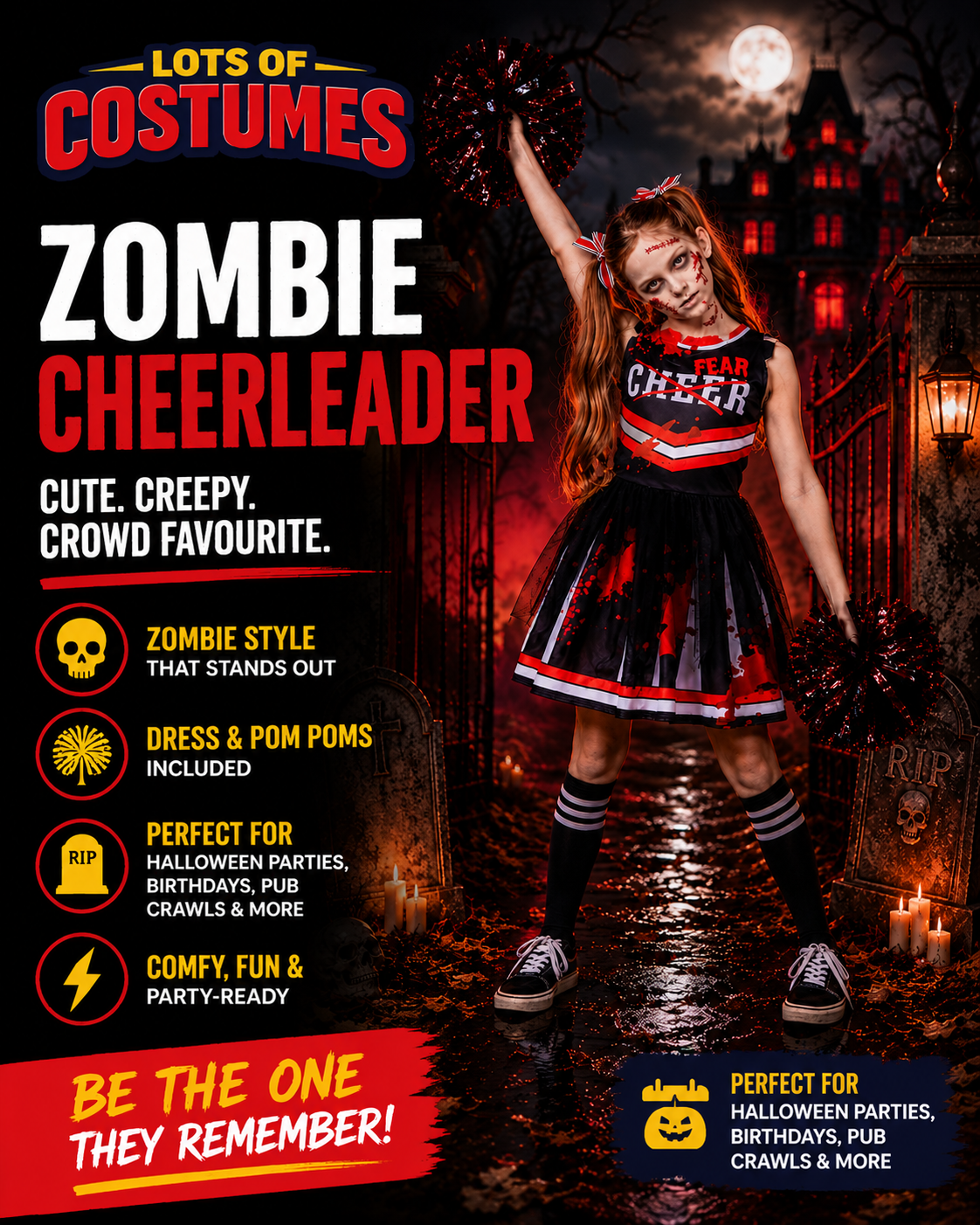 Kids zombie cheerleader costume size guide