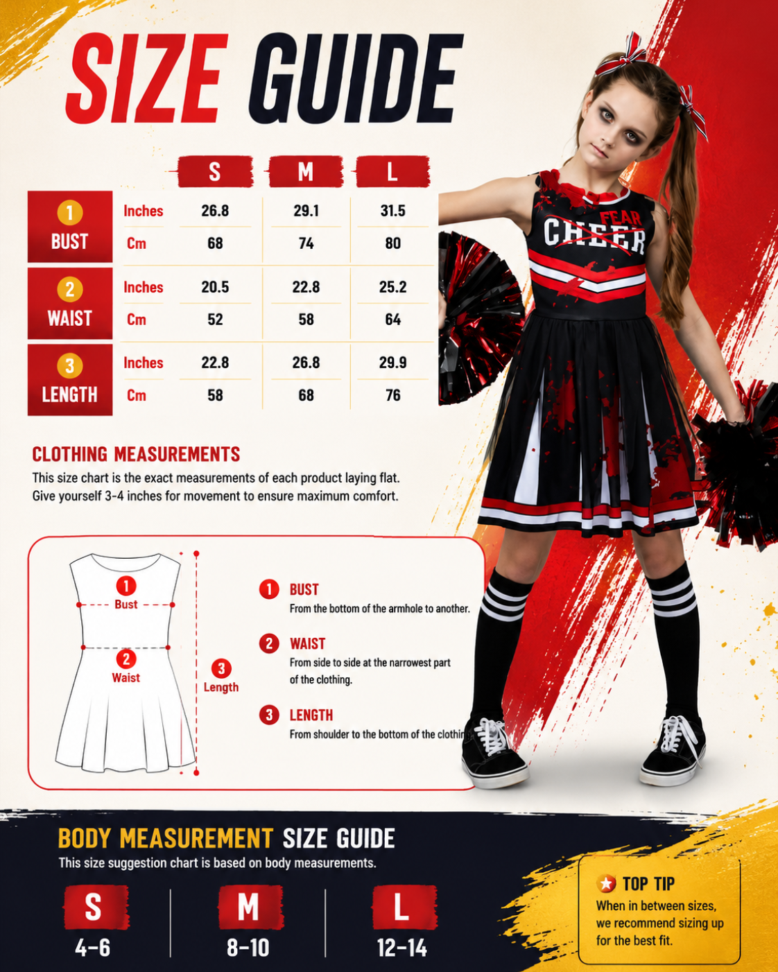 Kids zombie cheerleader costume detail